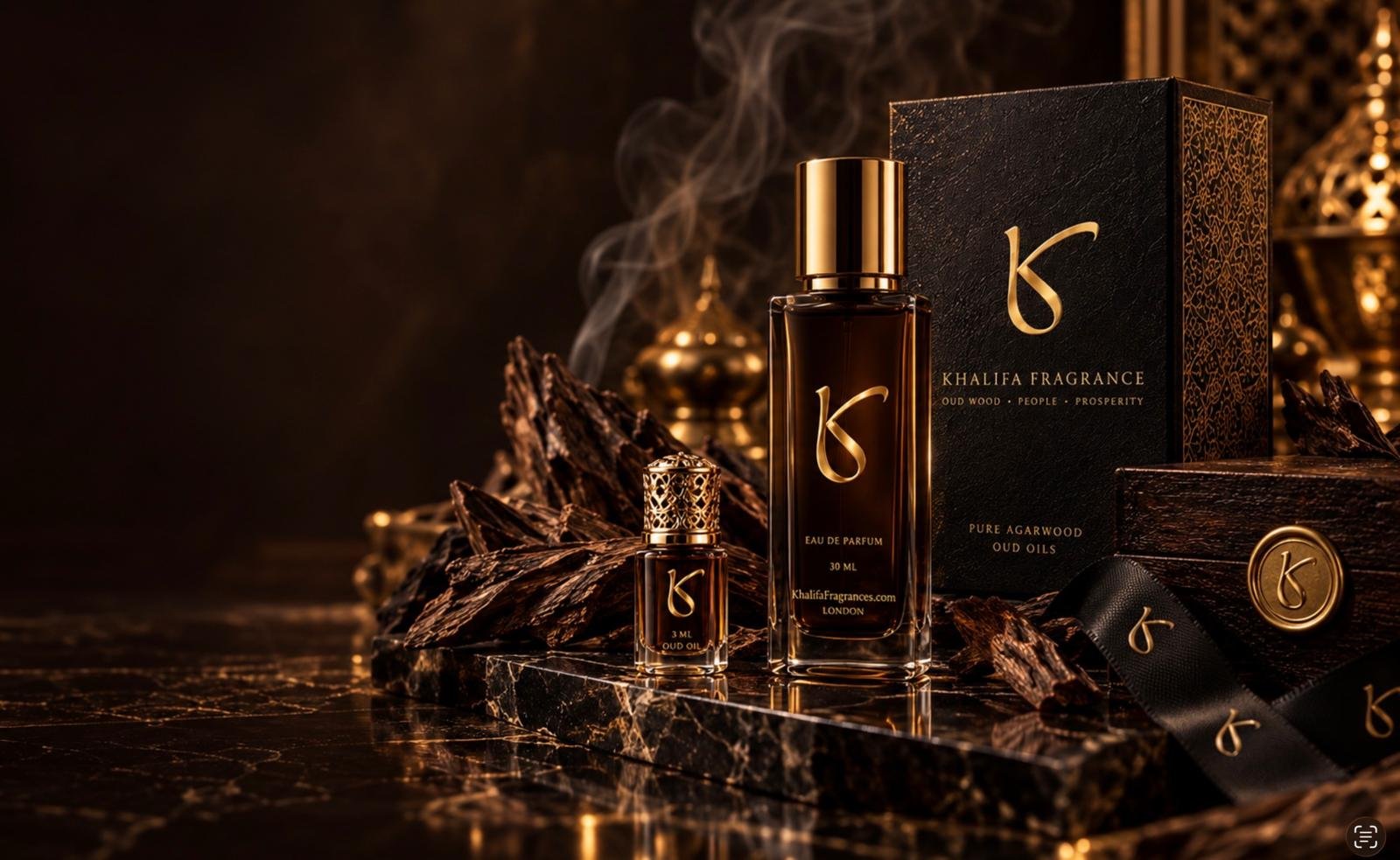 Amber oud perfume bottle with gold cap beside agarwood chips and rose petals