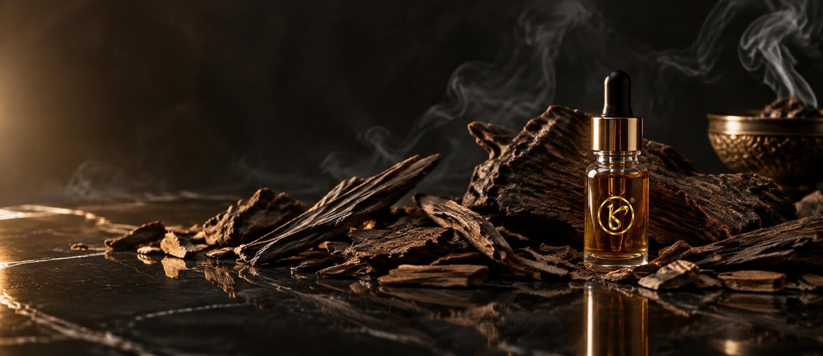 Agarwood chips and a Khalifa oud oil bottle on dark marble with drifting incense smoke
