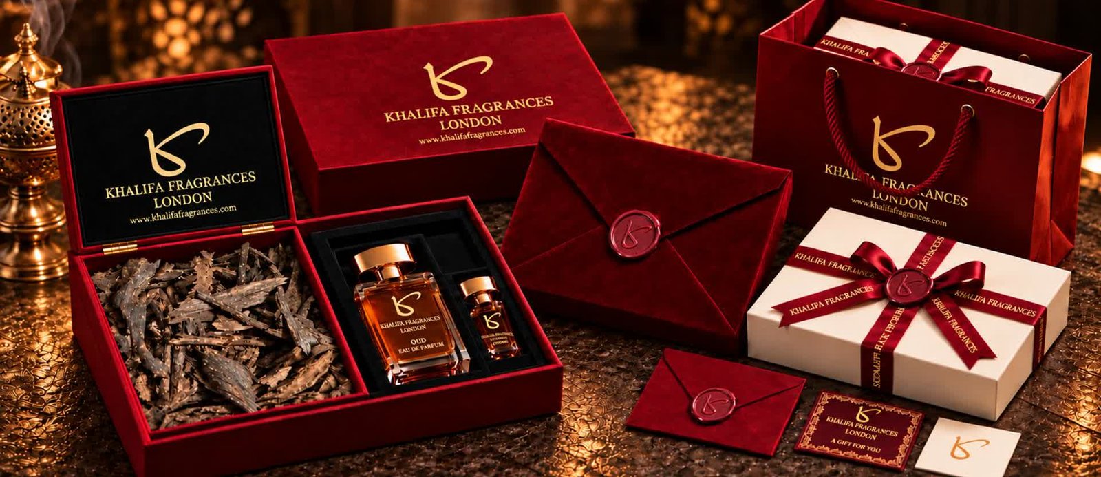 Khalifa Fragrances burgundy gift set — agarwood chips, oud eau de parfum bottles, gift bag, sealed envelopes and ribbon-tied box on dark stone with drifting incense smoke