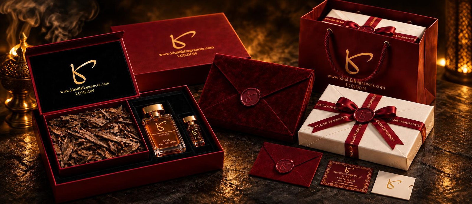 Khalifa Fragrances gift set — agarwood chips, oud parfum bottles, gift bag and sealed envelopes on dark stone with drifting incense smoke