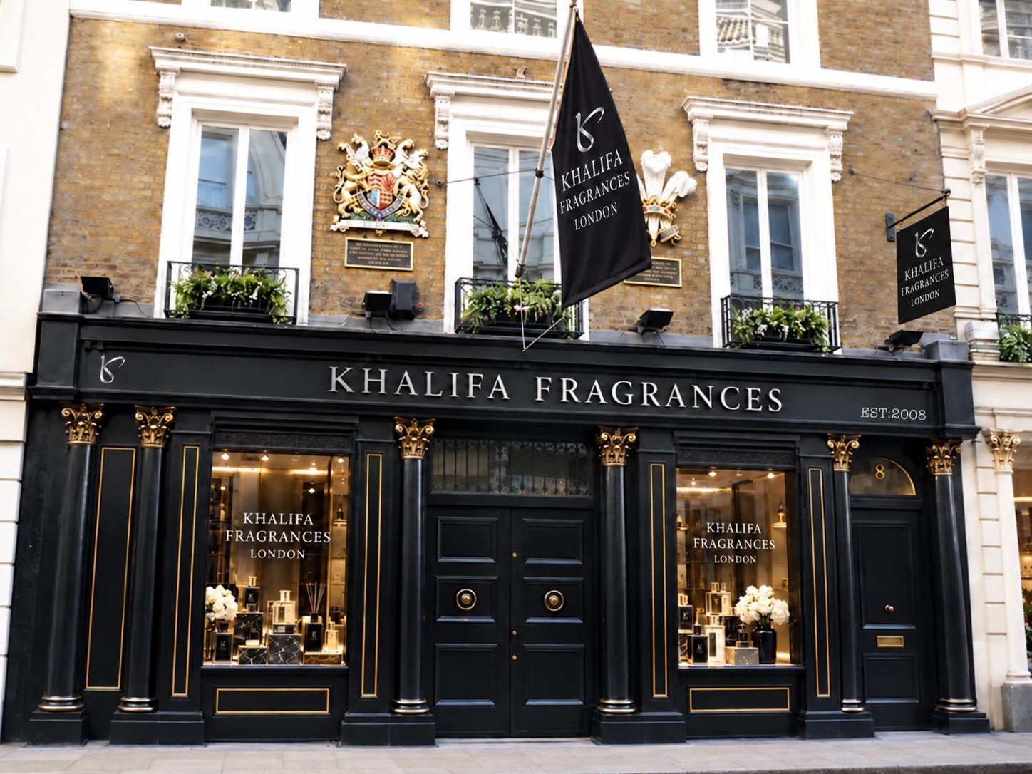 Khalifa Fragrances storefront in London — charcoal façade with gold columns, display windows and a hanging sign